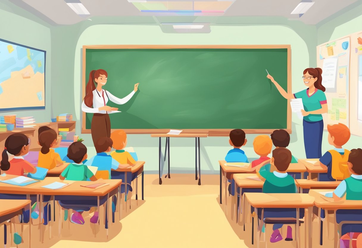 Creating Effective Essay Questions for Primary School Assessments: A Guide for Teachers essay question LearningMole Primary school classroom with colorful posters and books. A teacher is writing essay questions on the board. Students are engaged in group discussions