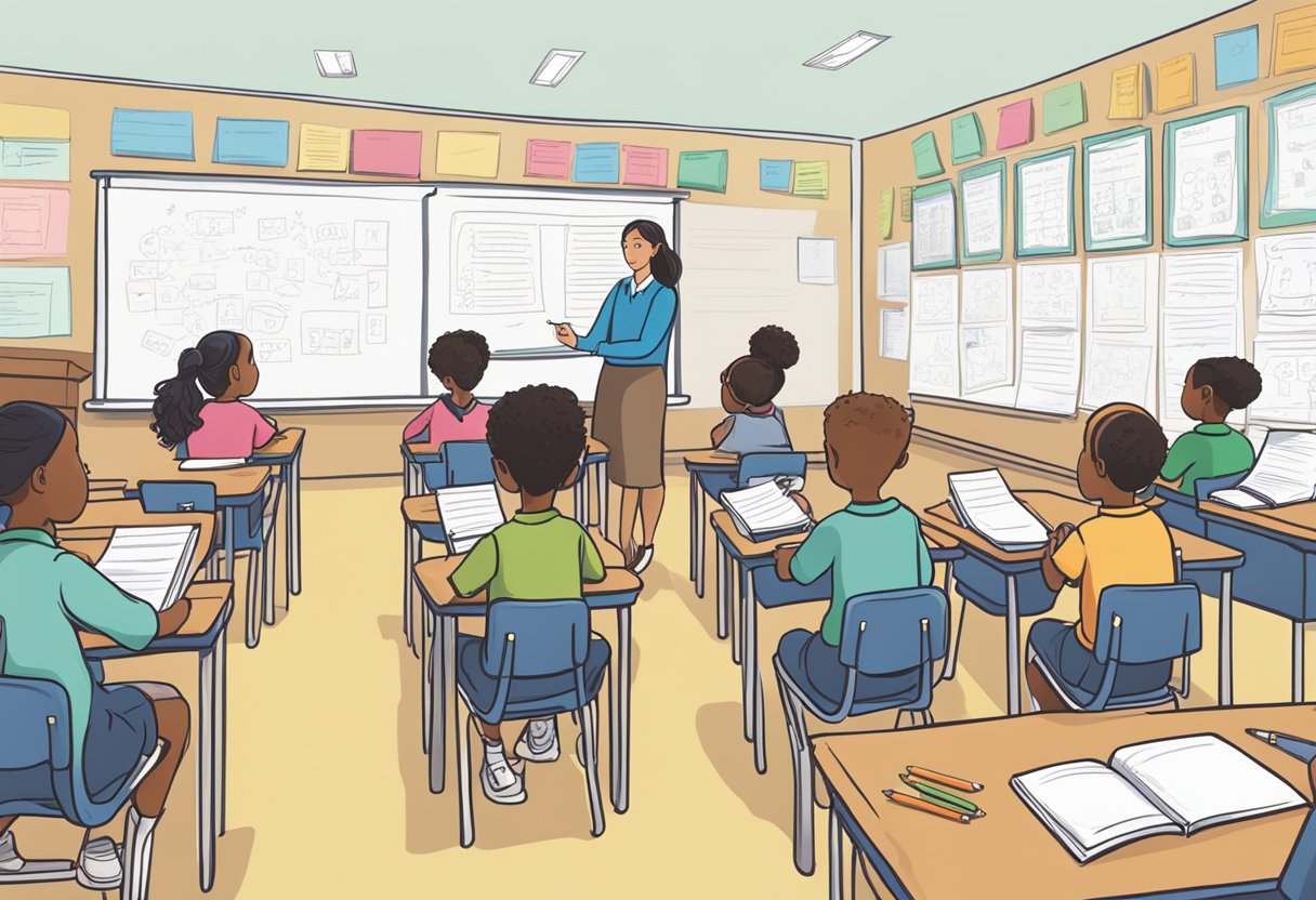 Creating Effective Fill-in-the-Blank Questions for Assessments: A Simple Guide Fill-in-the-Blank Question LearningMole A classroom with students writing in notebooks, a teacher at the front writing fill-in-the-blank questions on the board, and posters on the wall with tips for effective recall and retention