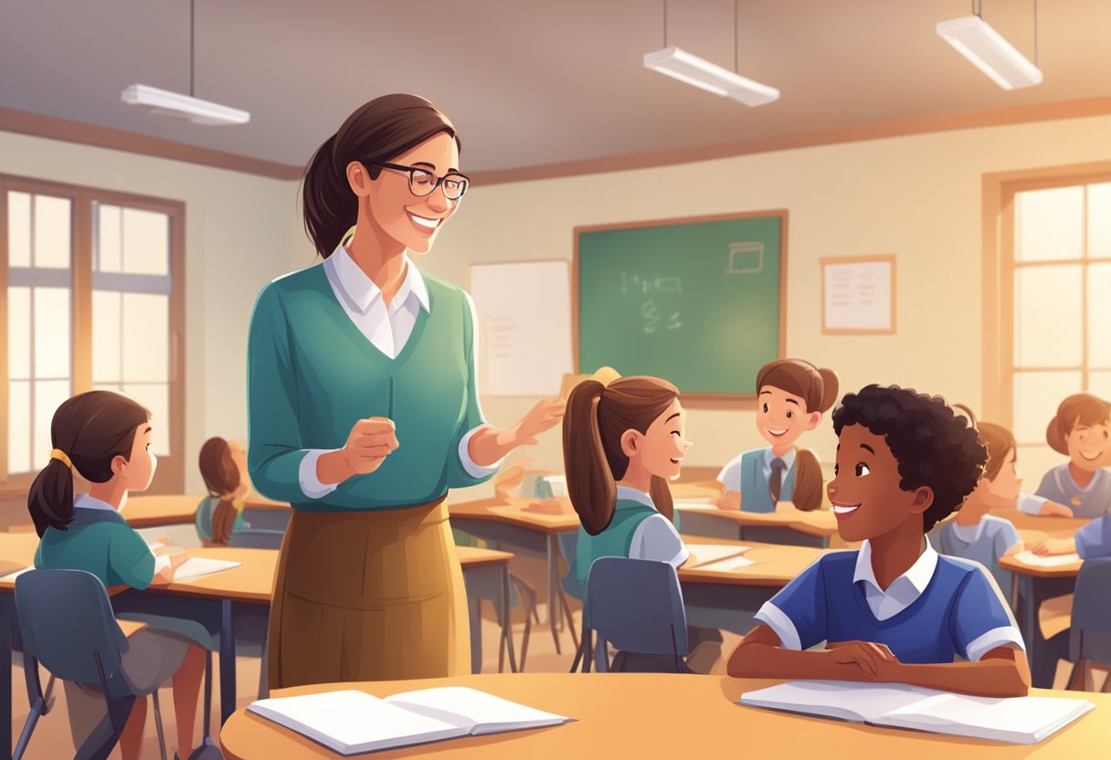 A smiling teacher and student engage in conversation, surrounded by a warm and welcoming classroom environment