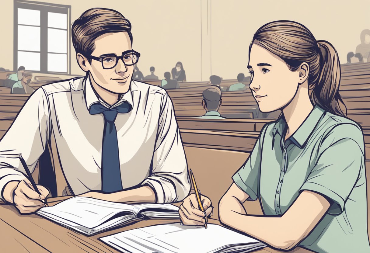 A teacher and student sit at a table, engaged in conversation. The teacher listens attentively, nodding and smiling as the student shares their thoughts