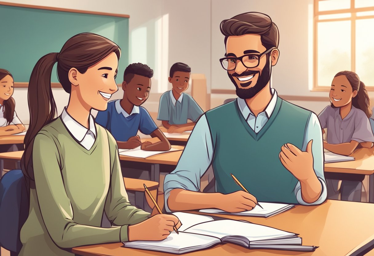 A teacher and student engage in a friendly conversation, smiling and making eye contact. The classroom is calm and orderly, with students working together harmoniously