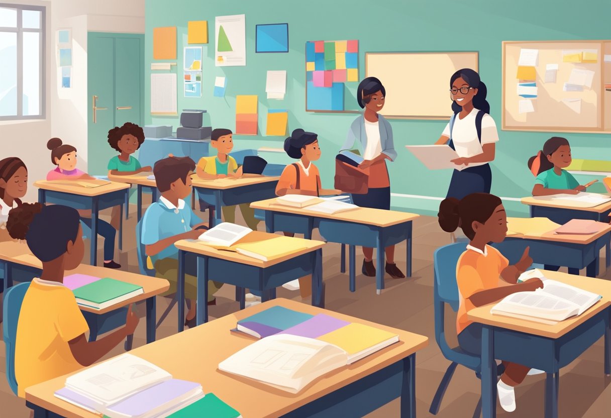 The Role of Formative Assessment in Enhancing Pupil Development Formative assessment LearningMole A classroom with diverse learning materials and tools, students engaged in various activities, and a teacher providing feedback and guidance