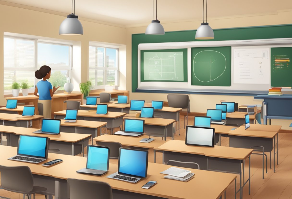 Blended Learning Strategies for the Digital Age Classroom: Engaging Modern Students blended learning LearningMole A classroom setting with digital devices and traditional learning materials, showing a seamless integration of technology and traditional teaching methods