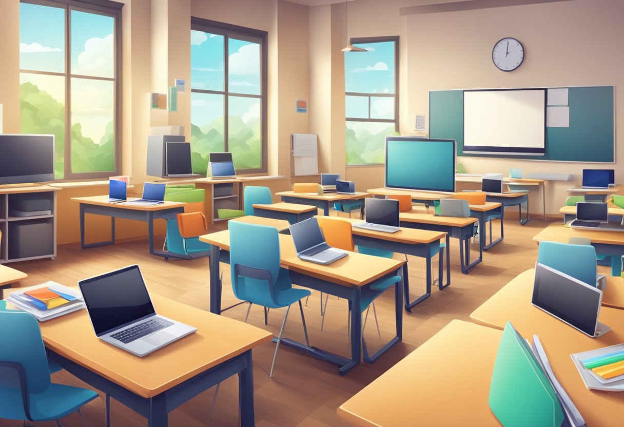 Blended Learning Strategies for the Digital Age Classroom: Engaging Modern Students blended learning LearningMole A modern classroom with a mix of digital and traditional learning tools, such as laptops, tablets, and books, arranged in a harmonious and balanced way