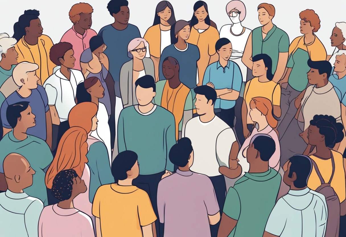 A diverse group of individuals gather in a circle, engaging in open and respectful dialogue, with speech bubbles representing their voices and ideas