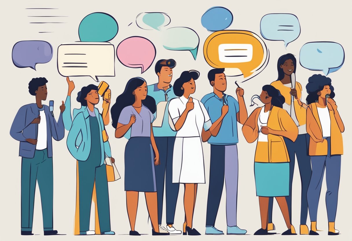 A diverse group of people speaking out, with speech bubbles and megaphones, symbolizing the power of voicing opinions and making a difference