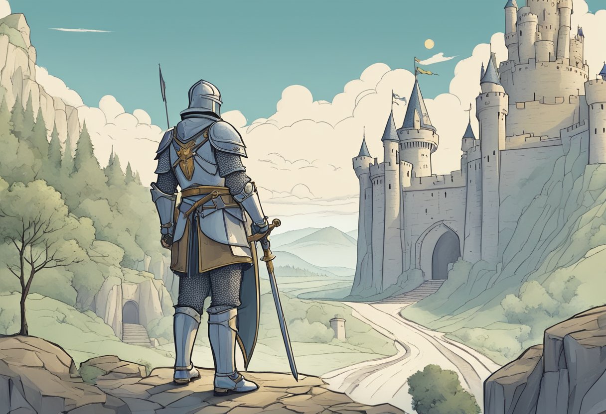 Knights and Castles: Estimating Your Quest's Chance of Triumph Knights and Castles,armour,weapon LearningMole A knight stands before a towering castle, surveying the path ahead. A map and a list of FAQs about quest success are spread out before him