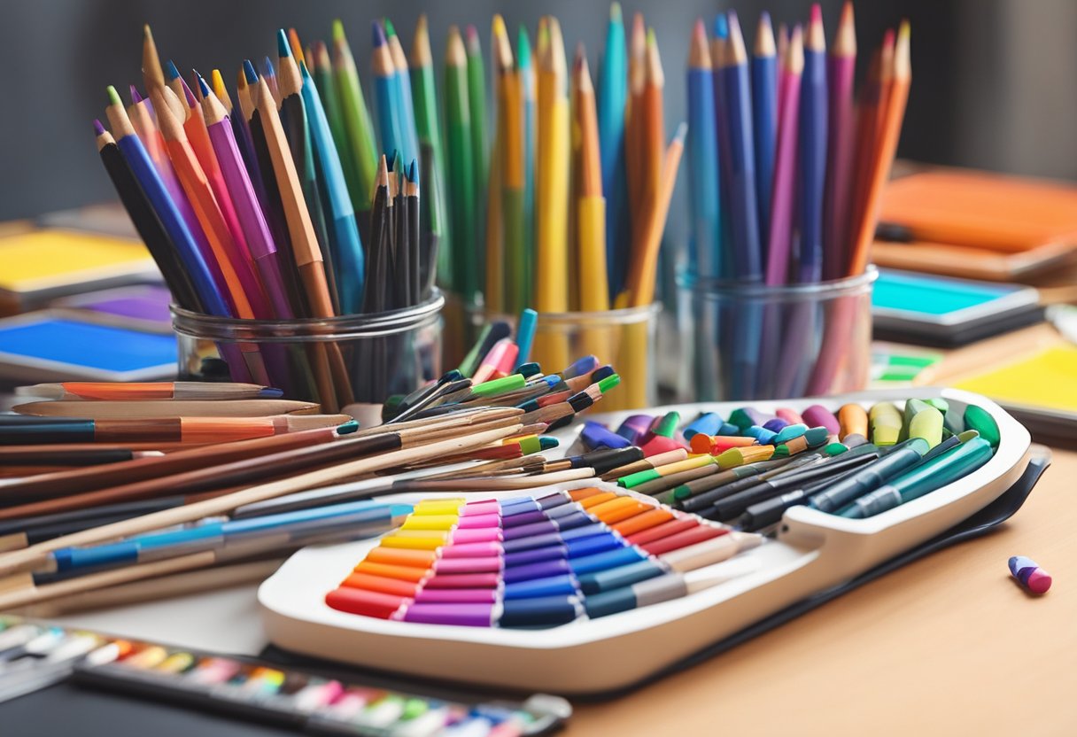 The Basics of Graphic Design: A Kid-Friendly Guide to Creative Visuals graphic design LearningMole A colorful palette of markers, pencils, and paintbrushes scattered on a desk with a blank sketchbook open, ready for creative designs