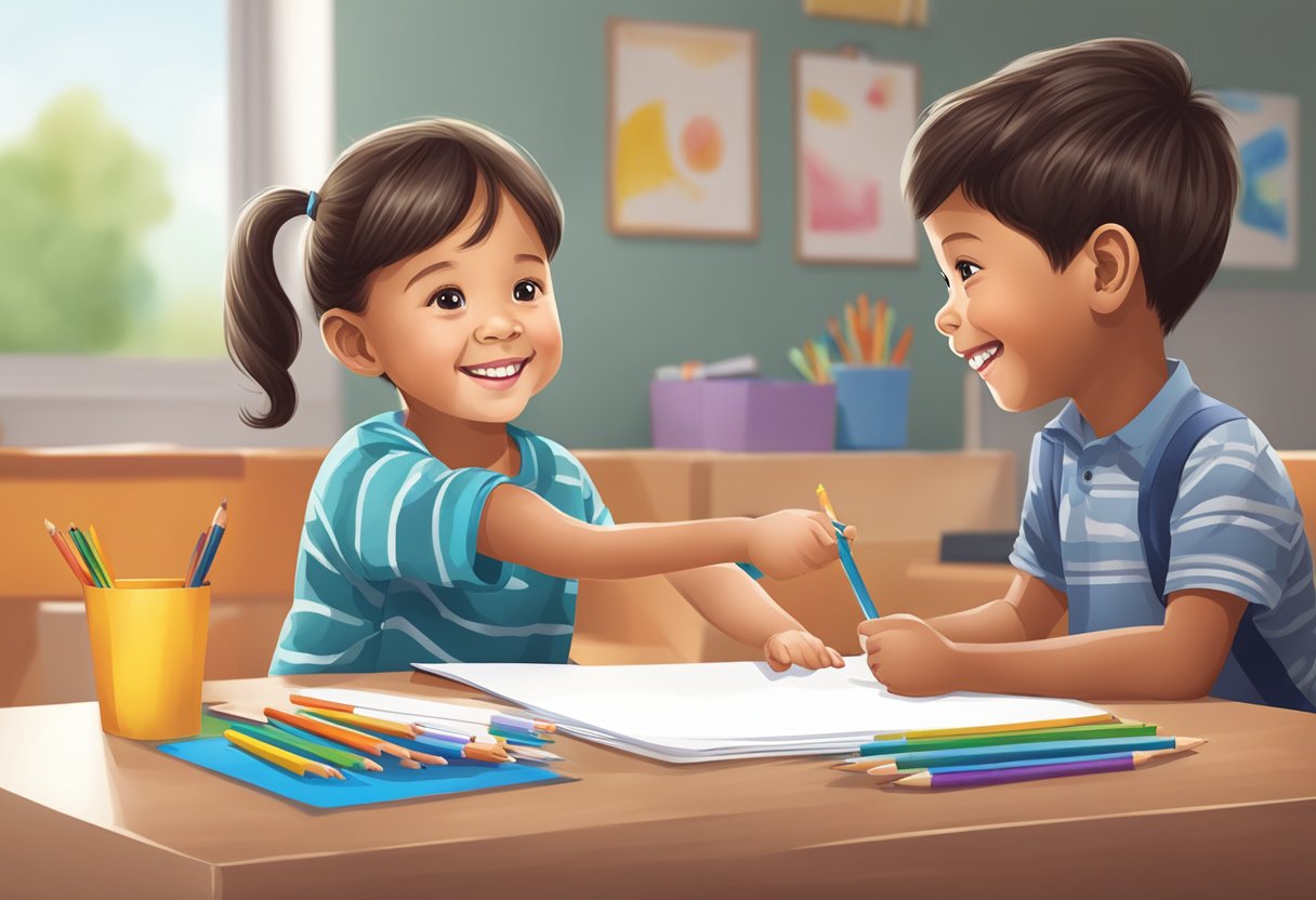 Giving and Receiving Feedback: A Skill for Young Minds to Foster Growth and Communication FEEDBACK LearningMole A child handing a drawing to another child, while smiling