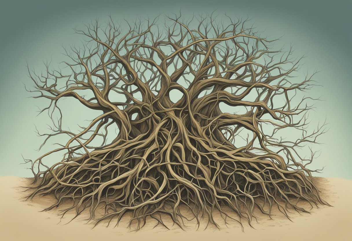 Scepticism 101: Exploring the Benefits of Healthy Doubt Scepticism LearningMole A tangled web of roots emerges from the ground, intertwining and spreading outwards, symbolizing the complexity and depth of skeptical thought