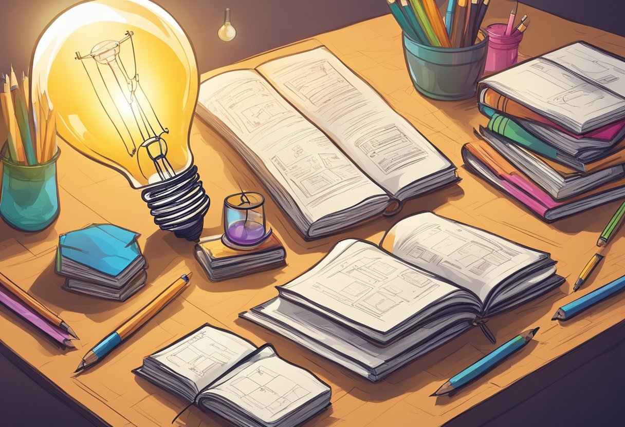 Mixing Subjects to Boost Thinking Skills: A Multi-Disciplinary Approach for Enhanced Cognition Thinking Skills, thinking LearningMole Books, math equations, and art supplies arranged on a table with a lightbulb overhead, symbolizing the fusion of subjects to enhance critical thinking