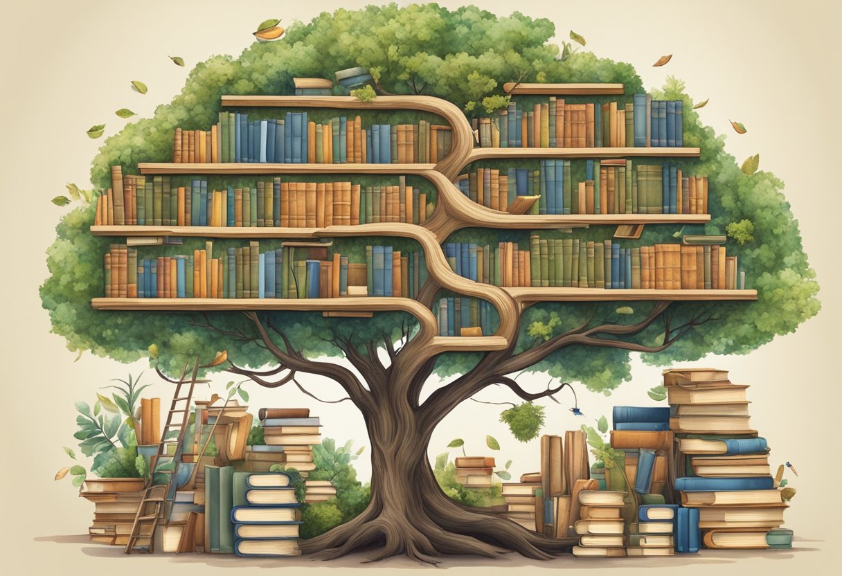 Mixing Subjects to Boost Thinking Skills: A Multi-Disciplinary Approach for Enhanced Cognition Thinking Skills, thinking LearningMole A tree growing amidst a library, with books and various subjects intertwining, symbolizing personal growth and expanded thinking skills