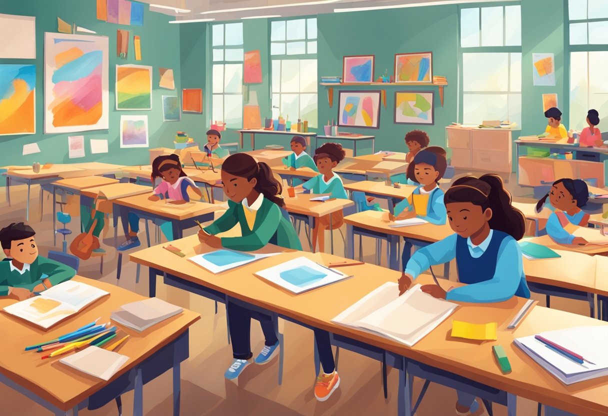 Assessing Student Learning Through Art and Creative Projects: Measuring Creativity and Understanding creative project, creativity, artwork, assessment LearningMole A colorful classroom with art supplies scattered on tables, students working on various creative projects, and a teacher observing and guiding the process