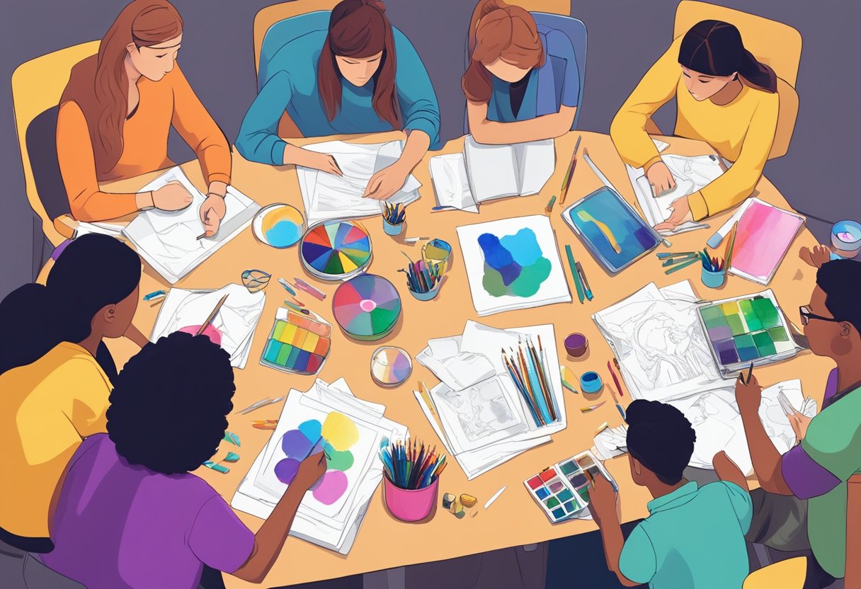 Assessing Student Learning Through Art and Creative Projects: Measuring Creativity and Understanding creative project, creativity, artwork, assessment LearningMole A group of students gather around a table covered in art supplies, discussing and evaluating each other's creative projects