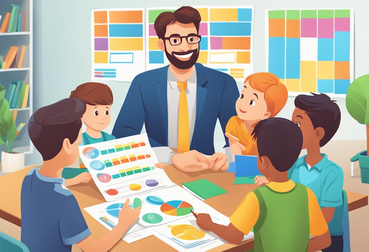 Financial Literacy for Kids: Essential Money Skills Development LearningMole A group of children gathered around a teacher, pointing at a colorful chart with financial literacy concepts and asking questions