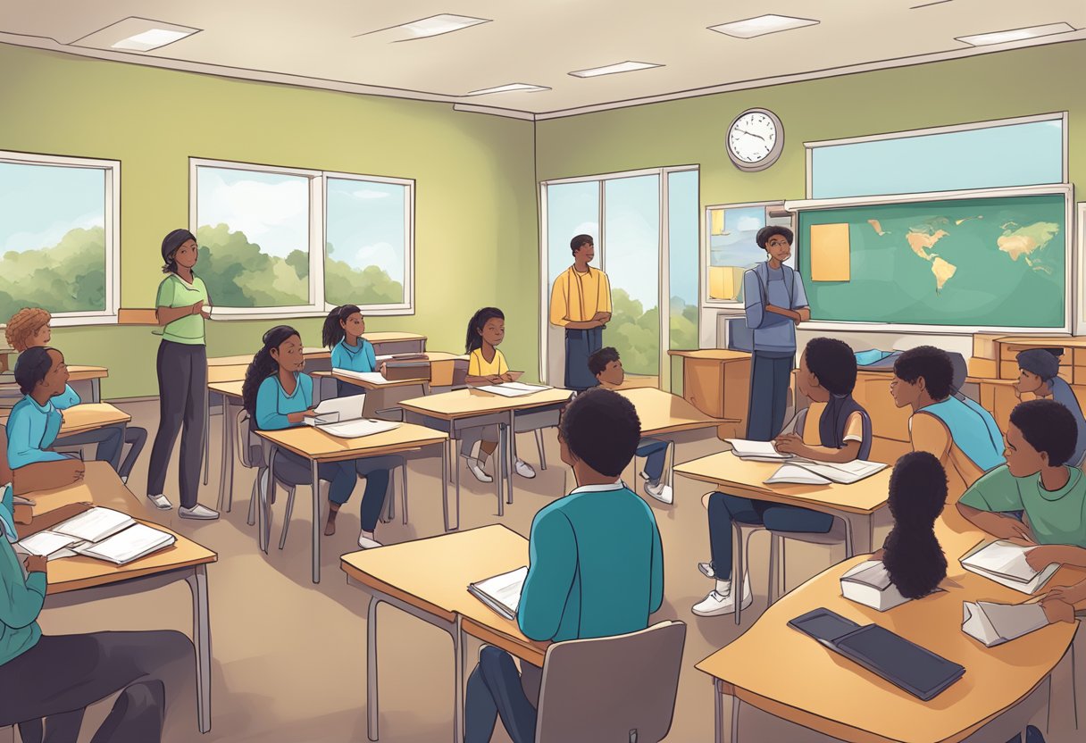 Role-Playing Complex World Issues: Engaging Methods for Global Understanding Role-play LearningMole Students in a classroom acting out complex world issues through role-playing, engaging in educational scenarios