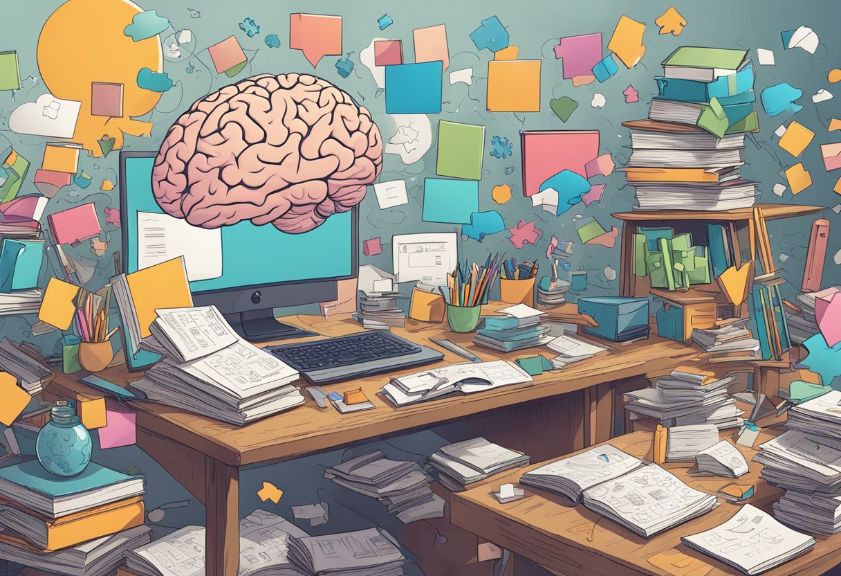 Quick Maths Challenges for Busy Brains: Engage Your Mind in Minutes Maths Challenges, Maths LearningMole A cluttered desk with various math puzzles, books, and a brain-shaped model, surrounded by thought bubbles and arrows