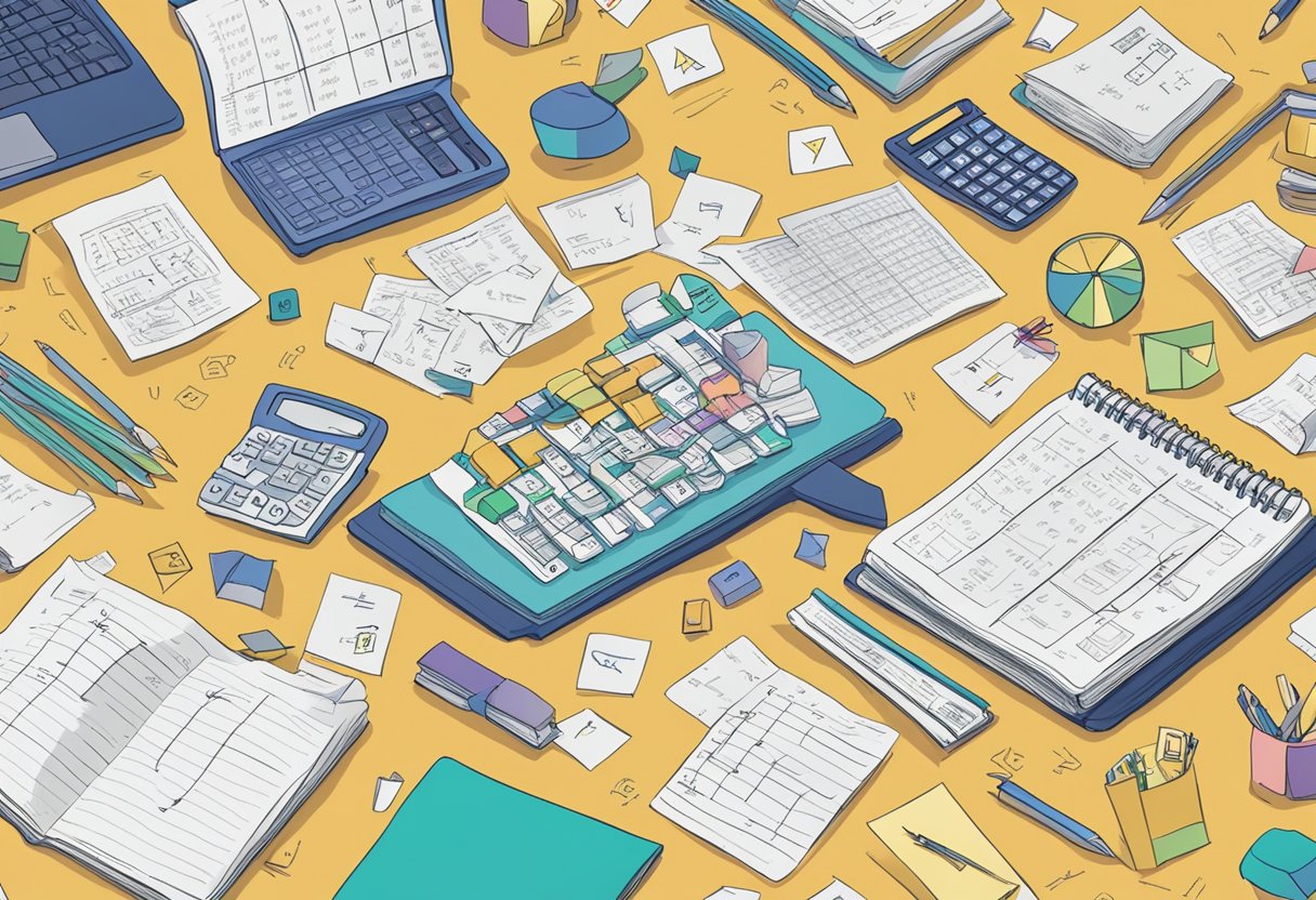 Quick Maths Challenges for Busy Brains: Engage Your Mind in Minutes Maths Challenges, Maths LearningMole A table covered in math problems, with a clock showing a busy schedule