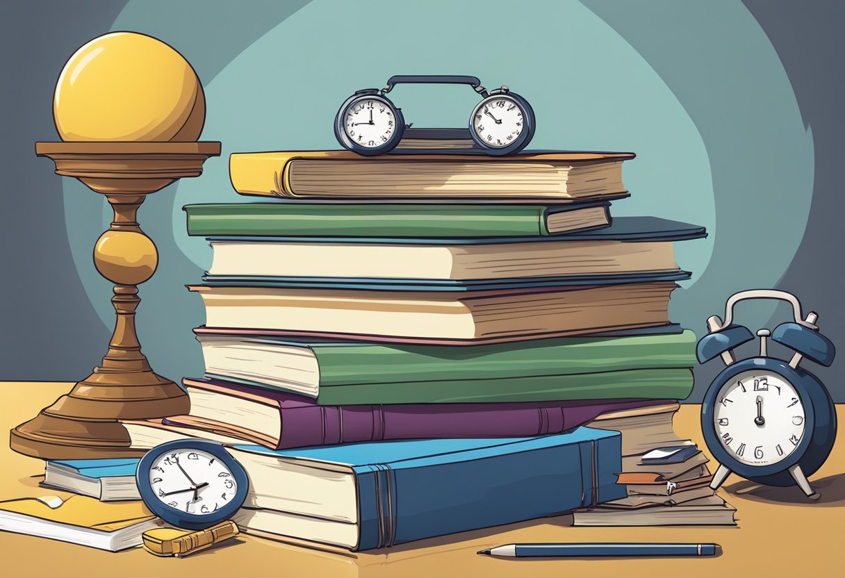 Quick Maths Challenges for Busy Brains: Engage Your Mind in Minutes Maths Challenges, Maths LearningMole A stack of math books and a ticking clock on a cluttered desk