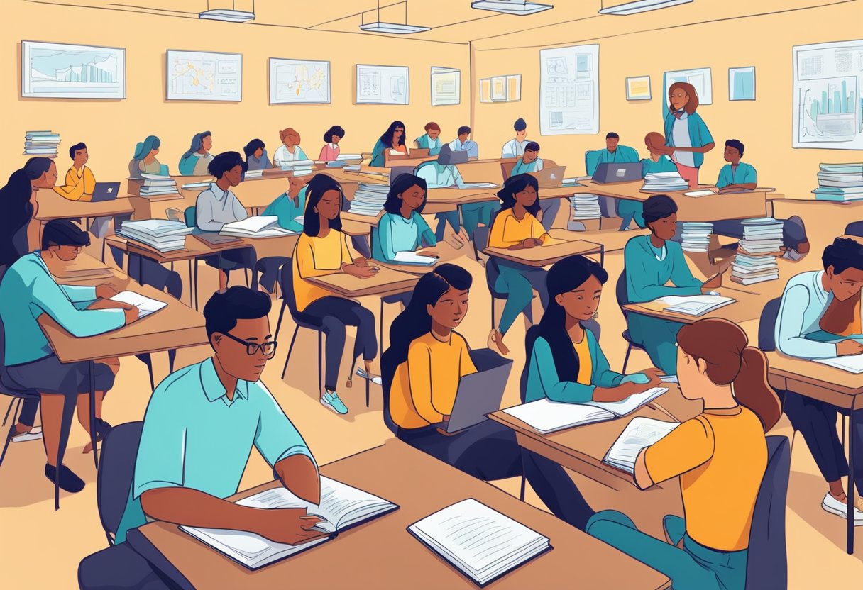 Exam Prep with a Critical Thinking Twist: Enhance Your Study Strategy critical thinking LearningMole Students at desks, books open, pondering, discussing, and analyzing. Posters with questions and diagrams on the wall. Bright, focused atmosphere