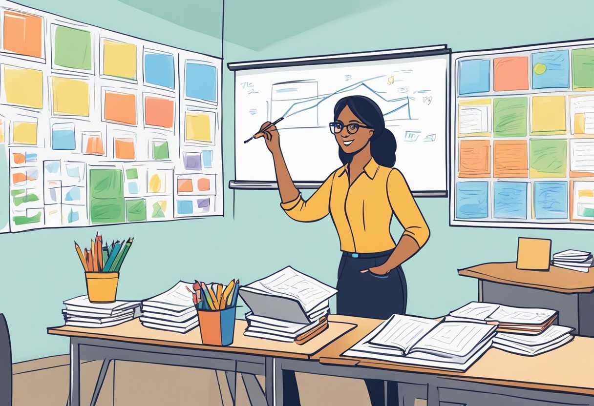 A teacher writes essential questions on a whiteboard surrounded by colorful charts and posters in a classroom