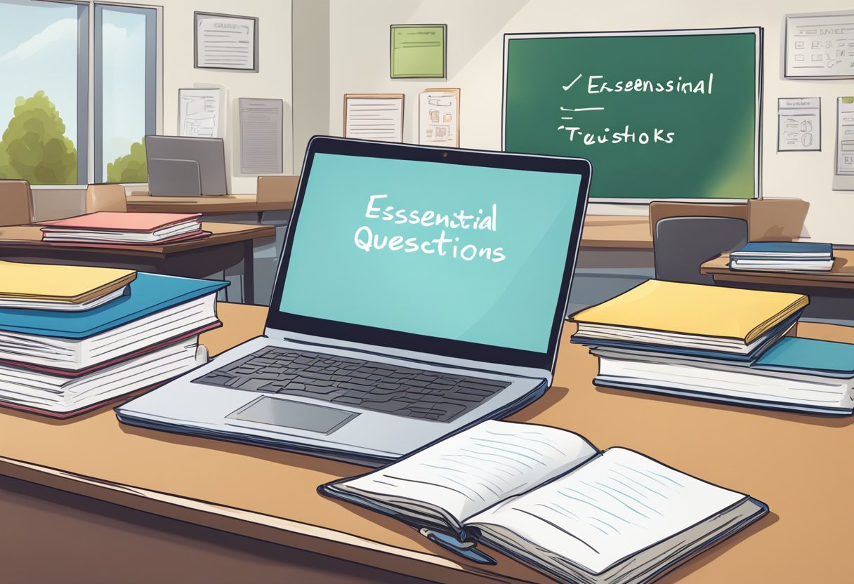 A teacher's desk with textbooks, a laptop, and a whiteboard with essential questions written on it