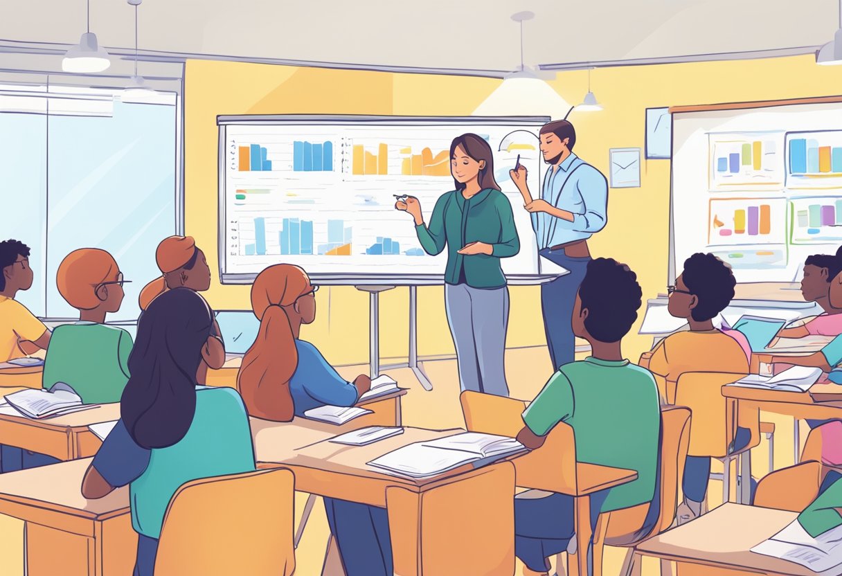 An ESL teacher writes on a whiteboard, surrounded by colorful charts and language learning materials. A diverse group of students sit at desks, engaged in conversation and activities