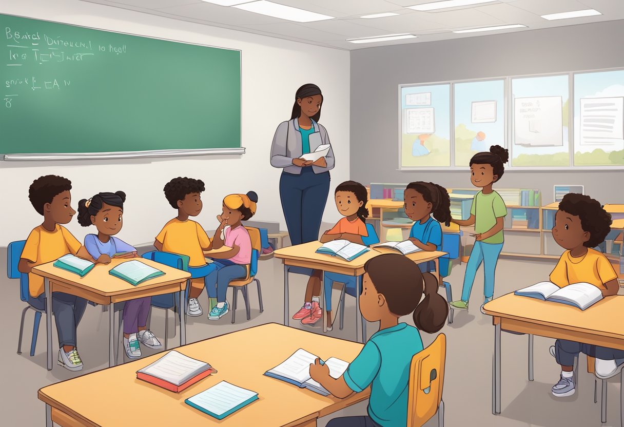 A classroom with diverse books, charts, and word walls. Students engaged in reading, writing, and speaking activities. Teacher guiding small group discussions