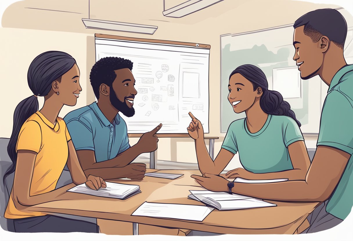 A group of diverse students engage in conversation, using visual aids and interactive activities to enhance their English language skills
