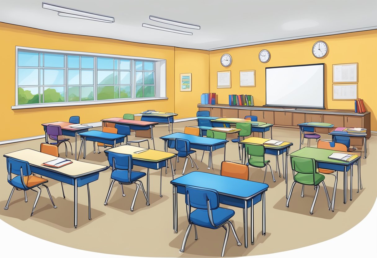 An English language classroom with diverse learning materials and flexible seating arrangements to accommodate various learning styles and language proficiency levels