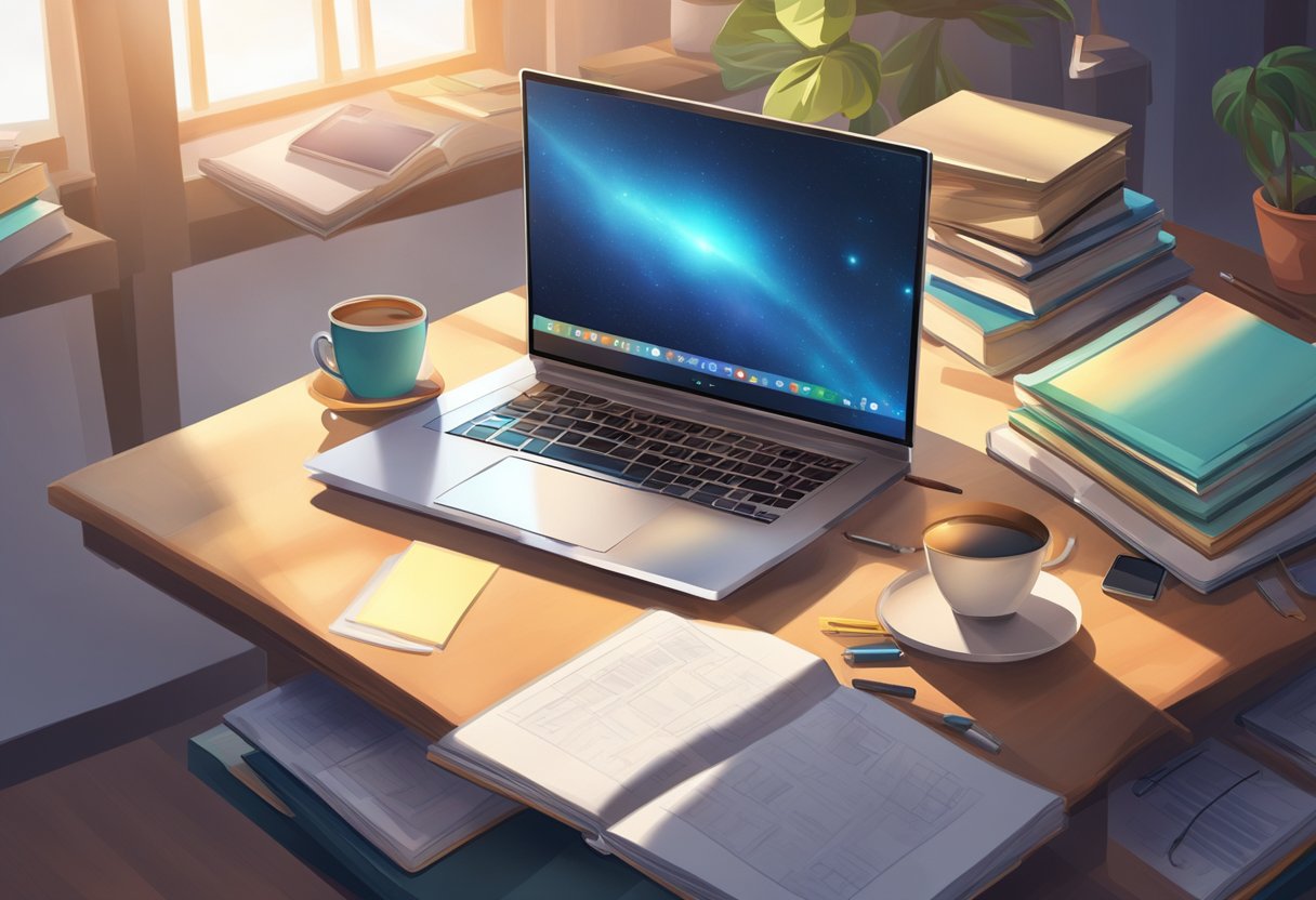 The Role of Technology in Homework: Enhancing Learning While Setting Limits technology LearningMole A laptop sits open on a cluttered desk, surrounded by textbooks and notebooks. A smartphone and calculator are nearby. A beam of light from a window illuminates the scene