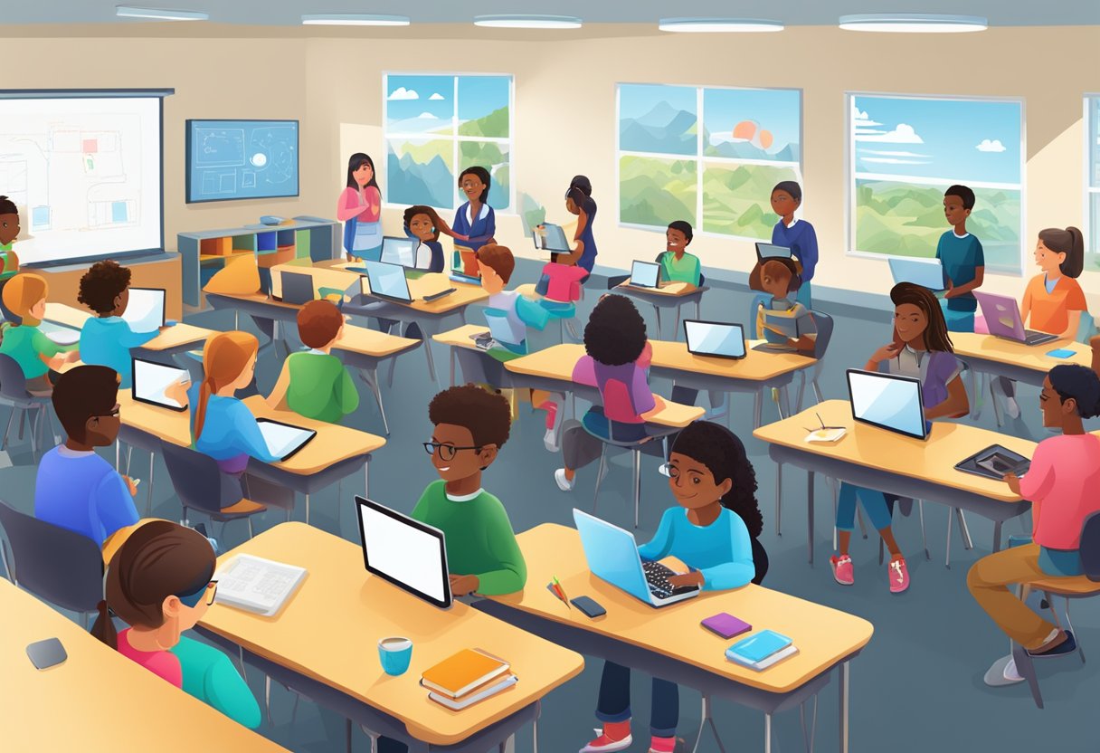 The Role of Technology in Homework: Enhancing Learning While Setting Limits technology LearningMole A classroom with diverse technology tools for personalized learning, including laptops, tablets, and interactive whiteboards, surrounded by students engaged in various educational activities