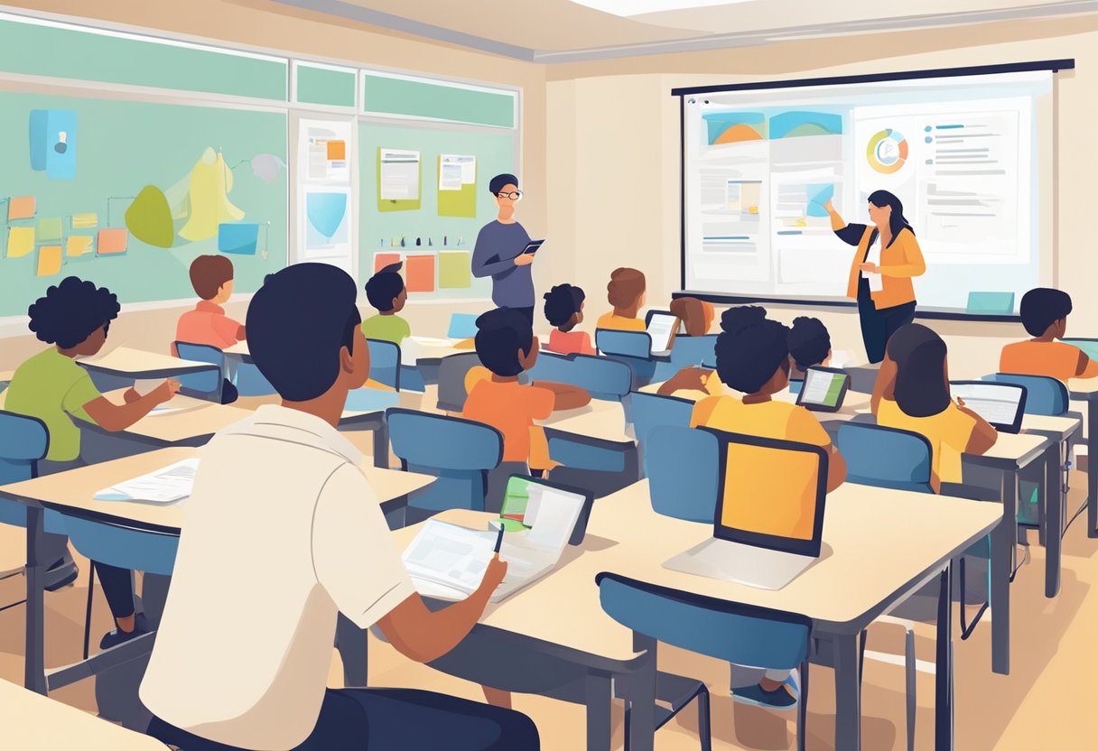The Role of Technology in Homework: Enhancing Learning While Setting Limits technology LearningMole A classroom with students using technology for homework, while a teacher assesses learning outcomes and feedback methodologies