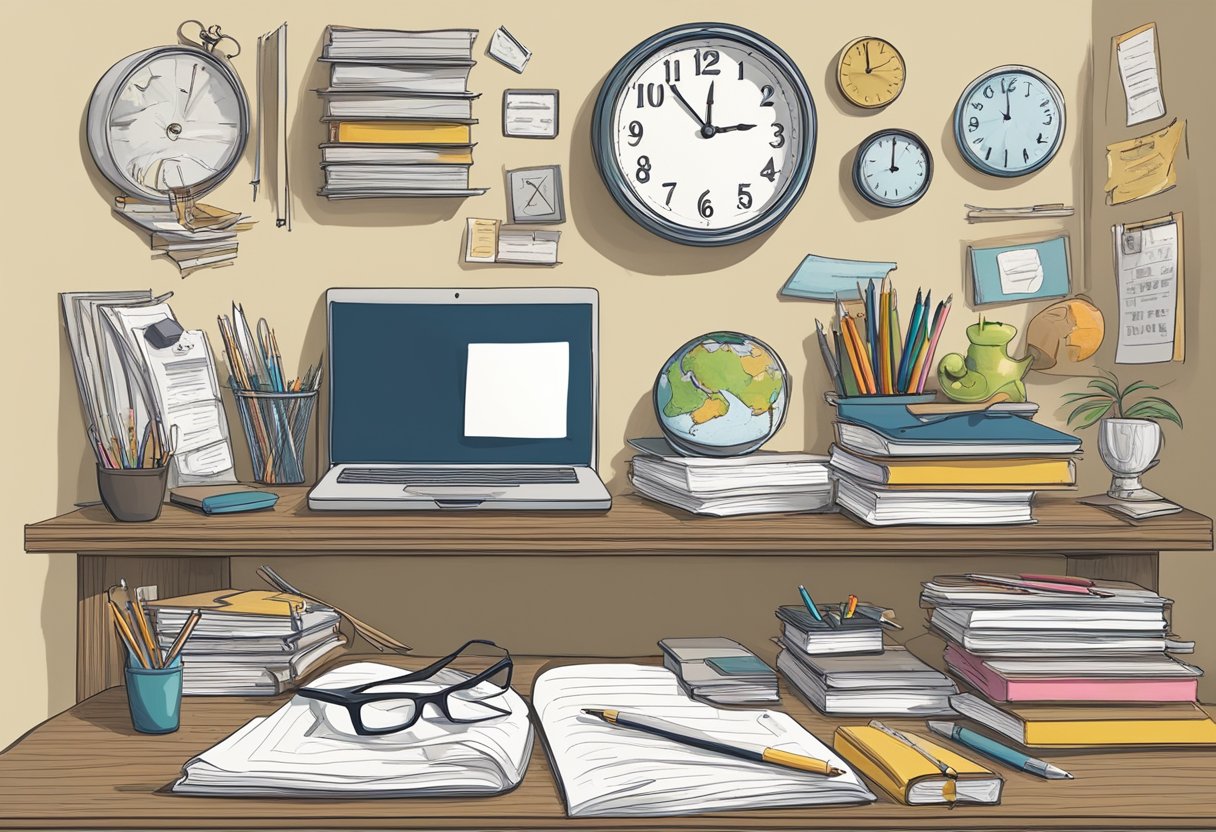 The Importance of Consistency in Homework Routines: Creating Successful Study Habits homework routine LearningMole A cluttered desk with unfinished homework, surrounded by tempting distractions. A clock on the wall shows the passage of time, emphasizing the importance of consistent homework routines