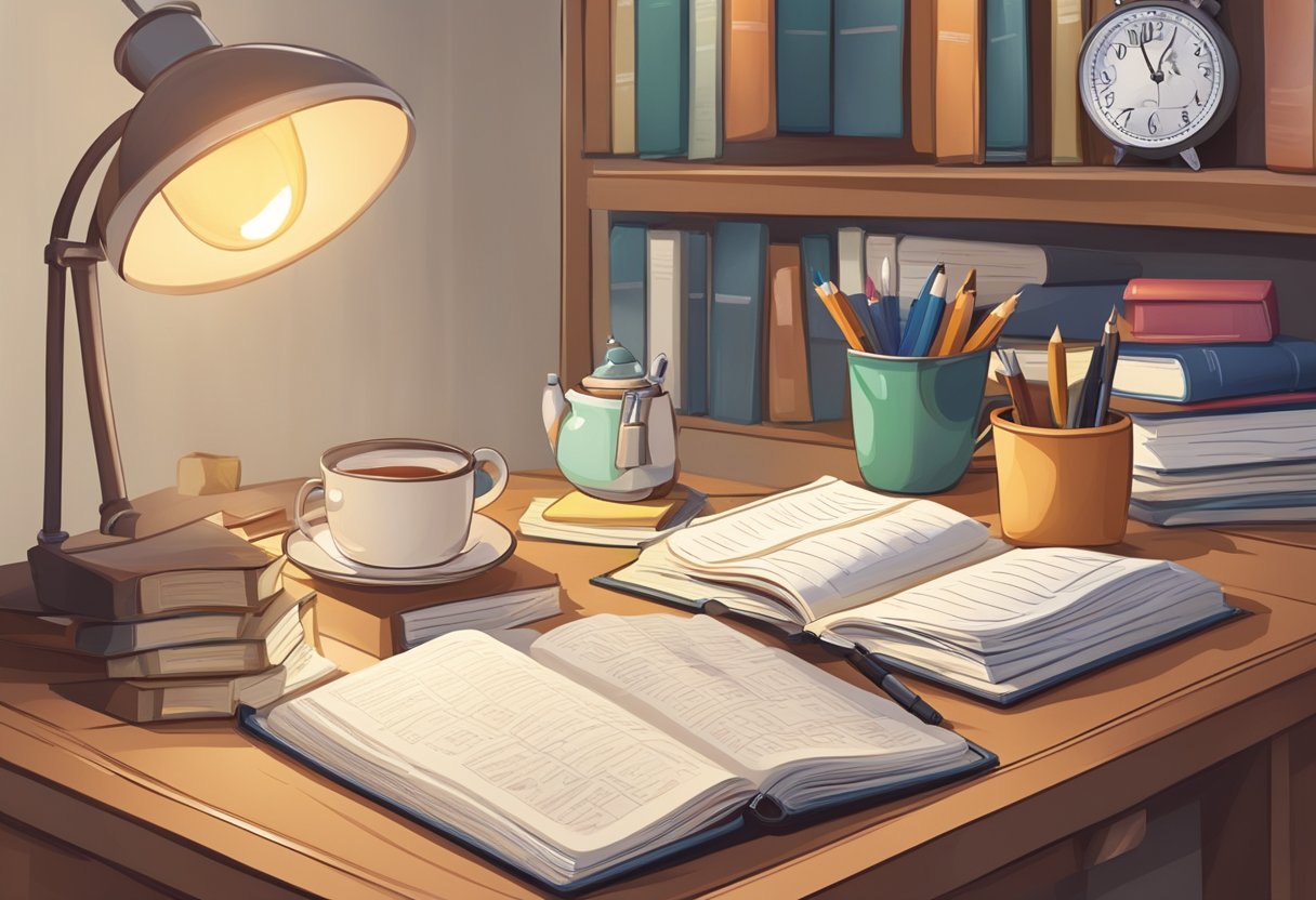 The Importance of Consistency in Homework Routines: Creating Successful Study Habits homework routine LearningMole A cluttered desk with open textbooks, a calendar, and a clock. A cozy study space with a lamp and a mug of tea