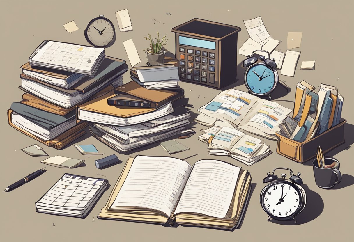 The Importance of Consistency in Homework Routines: Creating Successful Study Habits homework routine LearningMole A cluttered desk with scattered books and papers, a clock showing different times, and a calendar with crossed-out dates