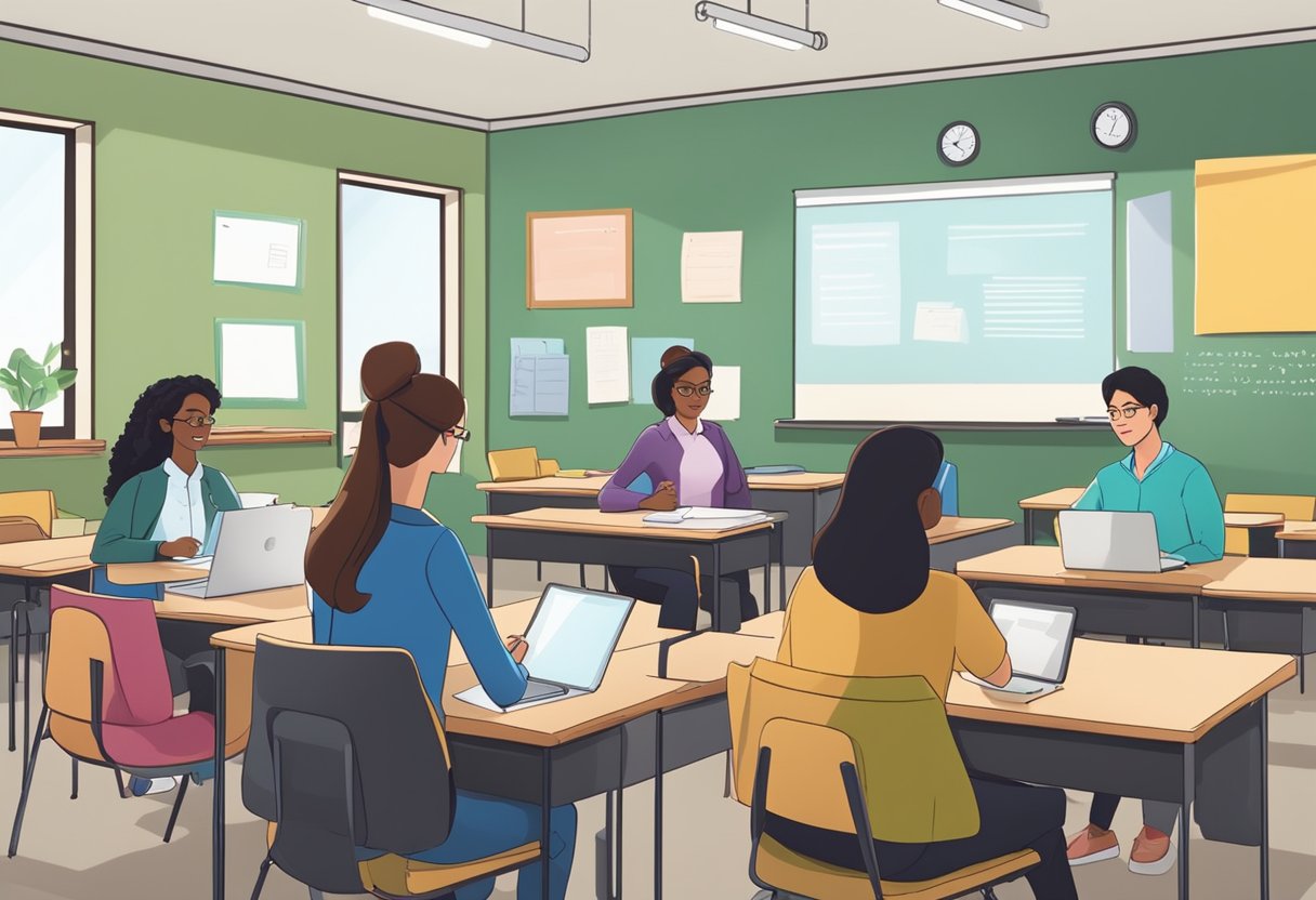 Collaborating with Teachers to Support Homework Accommodations: Enhancing Student Success Homework accommodation, Homework LearningMole Teachers and a third-party discuss homework accommodations in a classroom setting. Materials such as textbooks, laptops, and papers are visible on desks