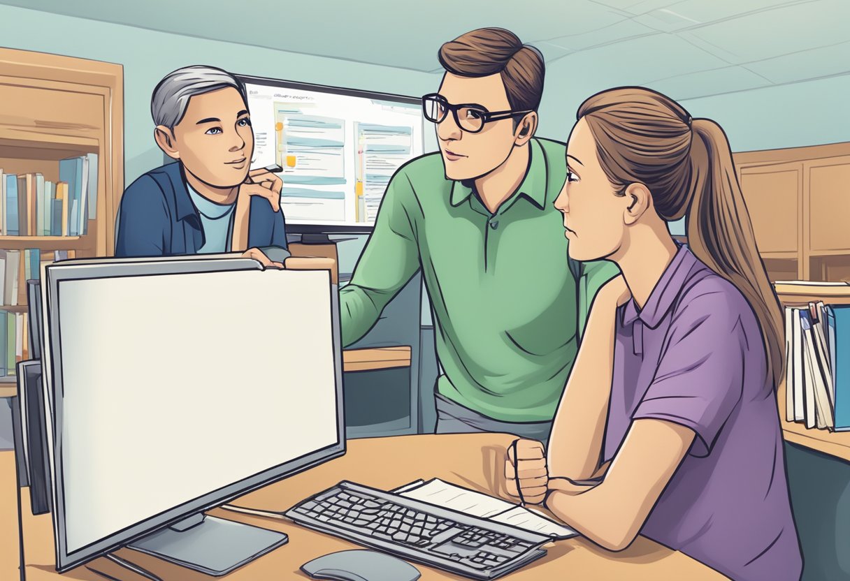 Collaborating with Teachers to Support Homework Accommodations: Enhancing Student Success Homework accommodation, Homework LearningMole A teacher and a third-party are discussing homework accommodations, with a list of frequently asked questions displayed on a computer screen