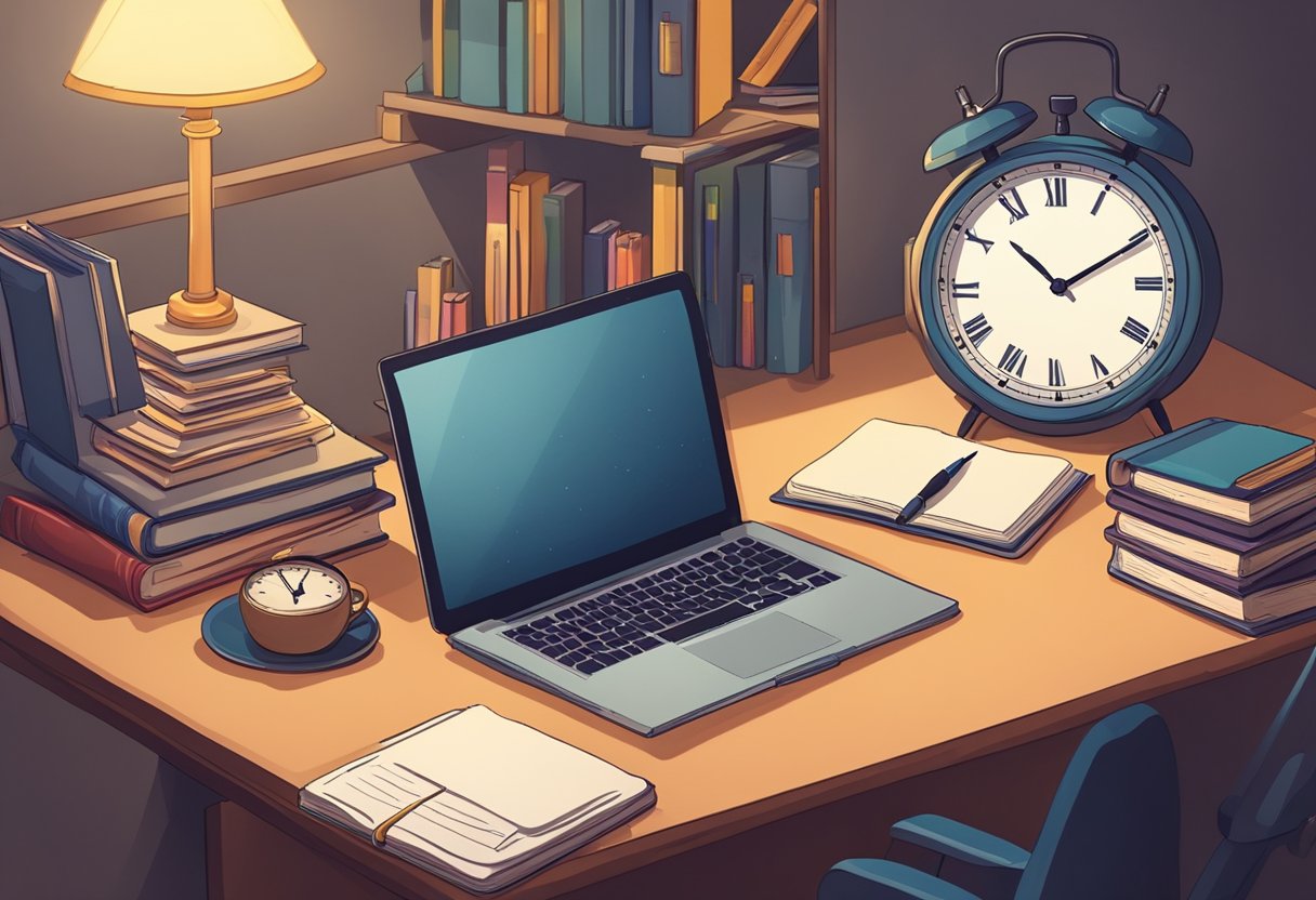 The Role of Homework in Developing Responsibility: An Effective Guide for Parents and Educators Homework LearningMole A desk with open books, a laptop, and school supplies. A clock on the wall shows late evening. The room is quiet and well-lit, indicating a focused and independent study environment