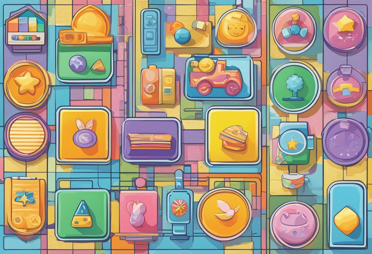 A colorful chart displaying various rewards such as stickers, extra playtime, and small toys. The chart is organized into columns with the title "Types of Rewards" at the top