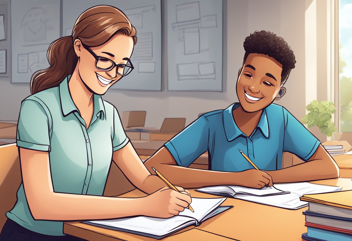 A teacher and student smile while exchanging a completed homework assignment for a reward, symbolizing a positive student-teacher relationship