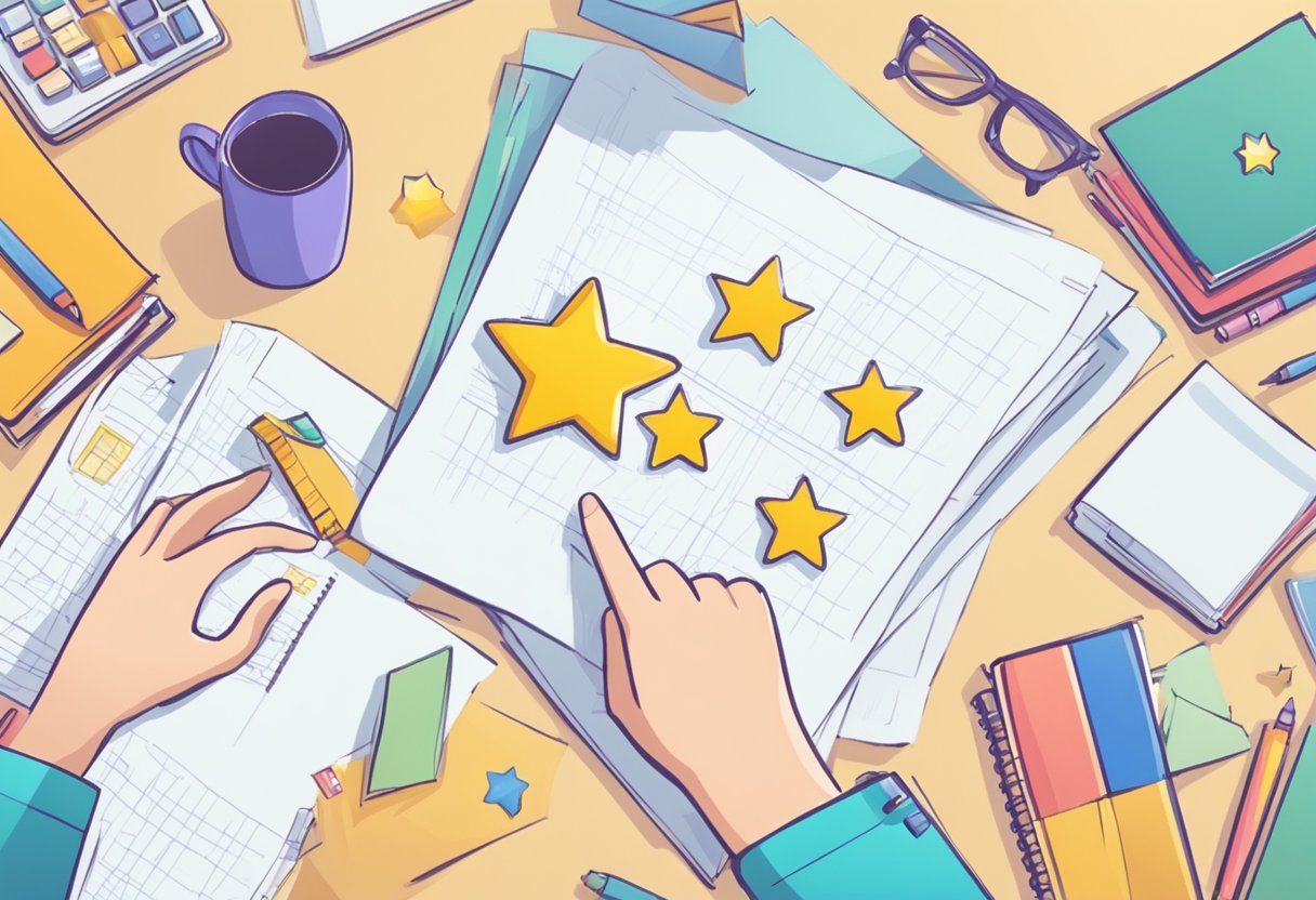 A desk with a stack of homework, a chart with rewards, and a happy face sticker. A hand reaching for a gold star