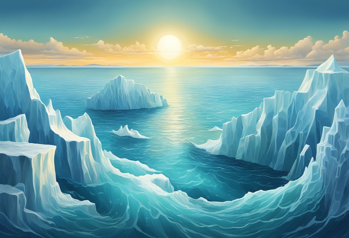 Teaching the Water Cycle: Interactive STEM Activities for Engaging Young Minds water cycle LearningMole A vast ocean with icebergs melting into the water, creating a cycle of evaporation and condensation. Sunlight glistens on the surface, showcasing the significance of oceans and ice in the water cycle