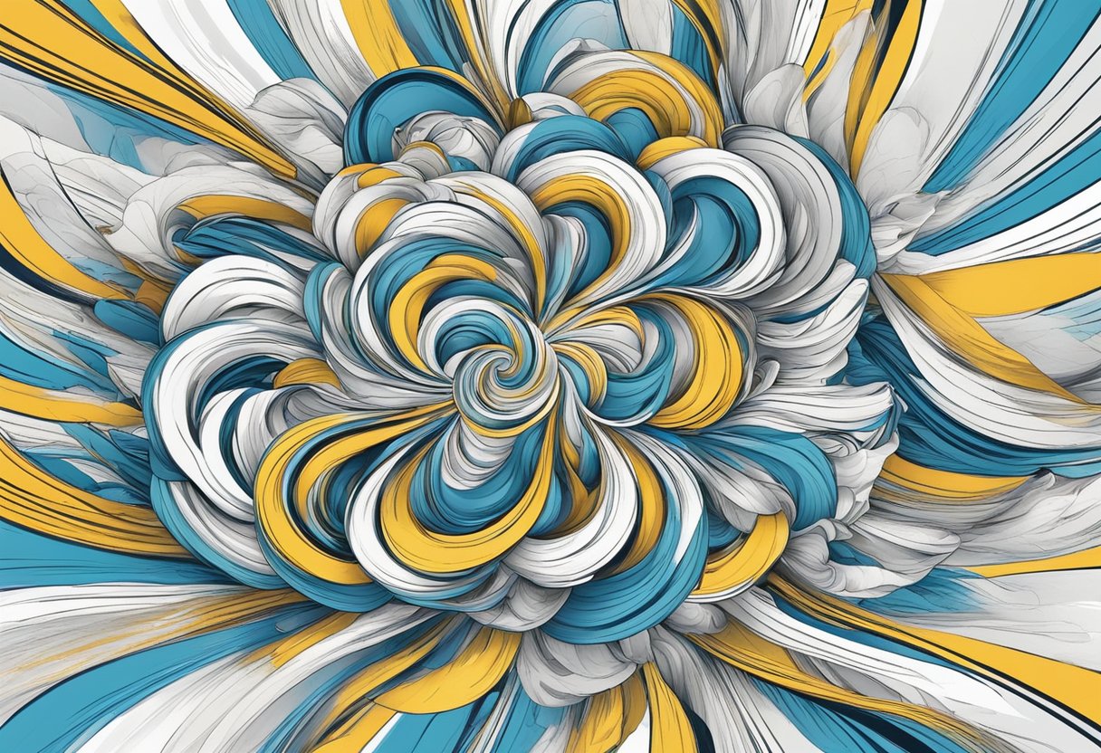 A group of ideas swirling around in a whirlwind, each one vying for attention and evaluation. Speed and energy fill the air as solutions are quickly generated and considered