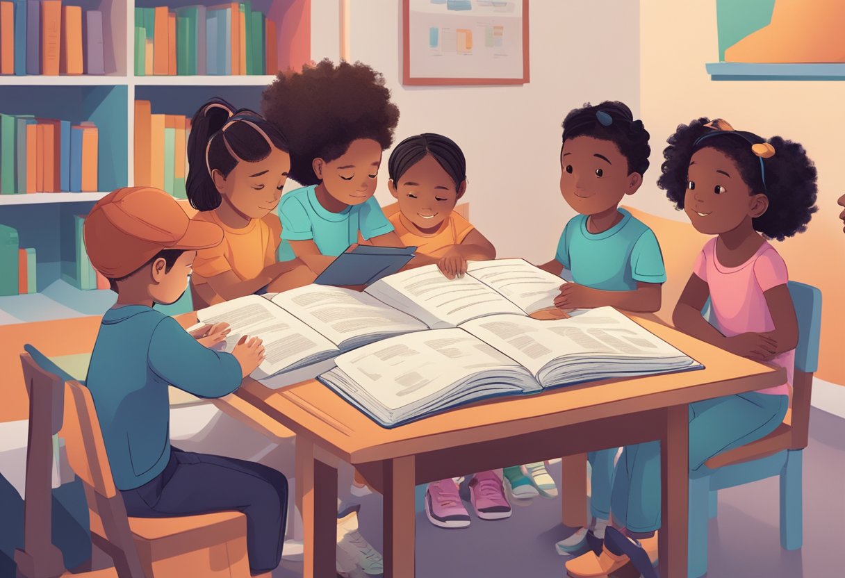 A group of diverse children engage with AI-powered reading tools, each using different learning methods