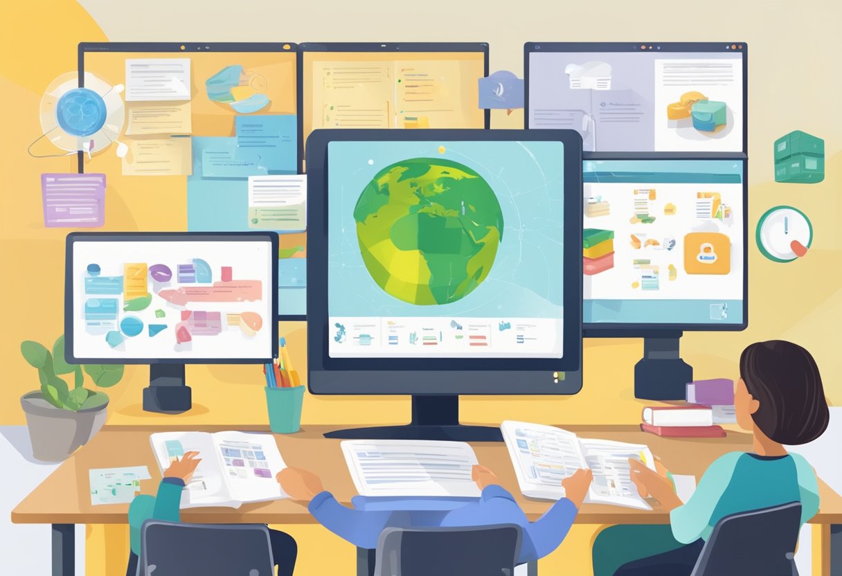 An AI program generating lesson plans for primary school teachers, with various subject materials and resources displayed on a digital interface