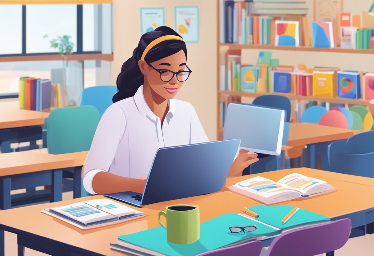 An educator using AI to plan primary school lessons, surrounded by colorful educational materials and technology