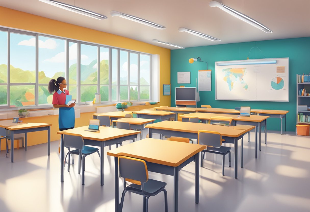 A futuristic classroom with AI technology assisting teachers in planning lessons for primary school students