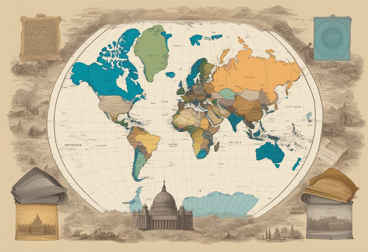 A map of the world with highlighted regions in conflict, surrounded by historical documents and books on modern history