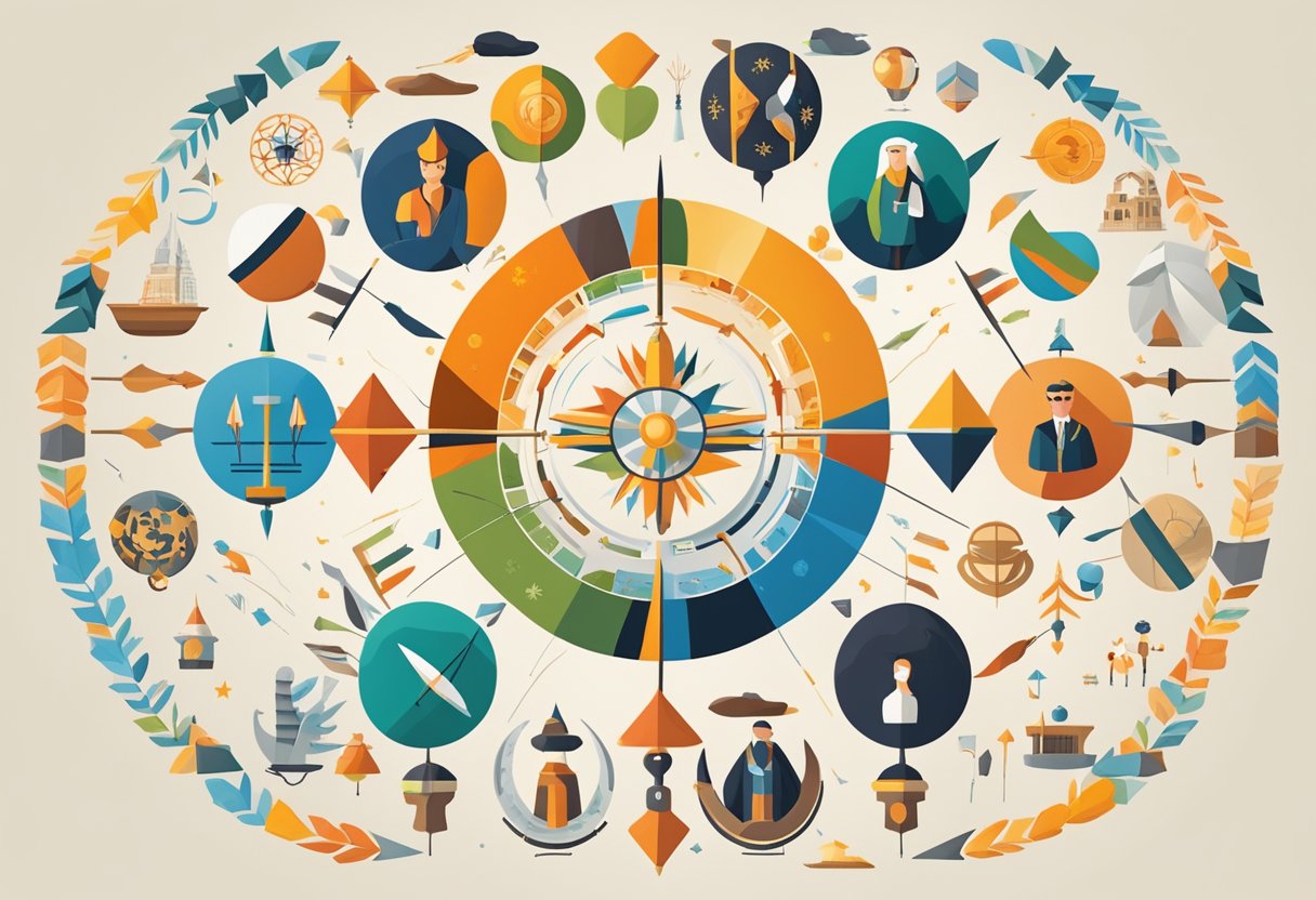 A diverse group of symbols and icons representing different cultures and historical events, arranged in a circular pattern with arrows pointing towards the center